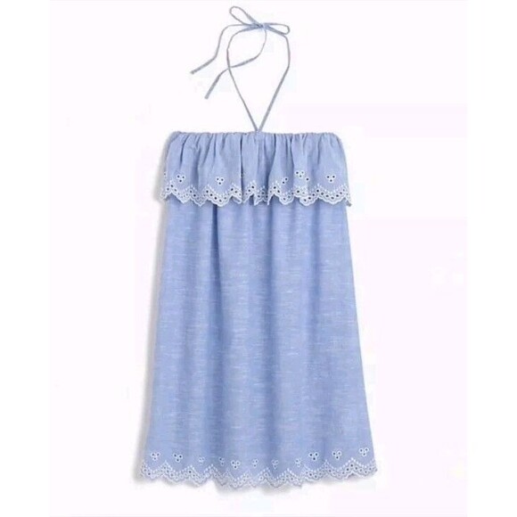 J Crew Chambray Eyelet Beach Dress Cover Up Mini Dress 6 Coastal Vacation Flowy - Picture 1 of 9